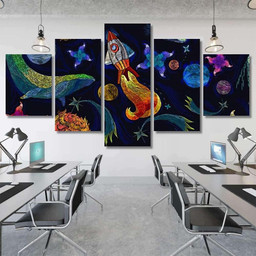 Embroidery Universe Spaceship Blue Whale Seamless Galaxy Sky and Space Canvas Print Panel Canvas, 3 5 Piece Canvas Art, Multi Panel Canvas Canvas Canvas Gallery Painting Framed Prints, Canvas Paintings Multi Panel Canvas 3PIECE(54x24)