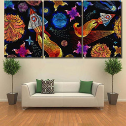Embroidery Universe Seamless Pattern Childish Background Galaxy Sky and Space Canvas Print Panel Canvas, 3 5 Piece Canvas Art, Multi Panel Canvas Canvas Canvas Gallery Painting Framed Prints, Canvas Paintings Multi Panel Canvas 3PIECE(36 x18)