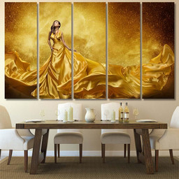 Gold Fashion Model Dress Woman Golden 1 Fantasy Canvas Print Panel Canvas, 3 5 Piece Canvas Art, Multi Panel Canvas Canvas Canvas Gallery Painting Framed Prints, Canvas Paintings Multi Panel Canvas 5PIECE(80x48)