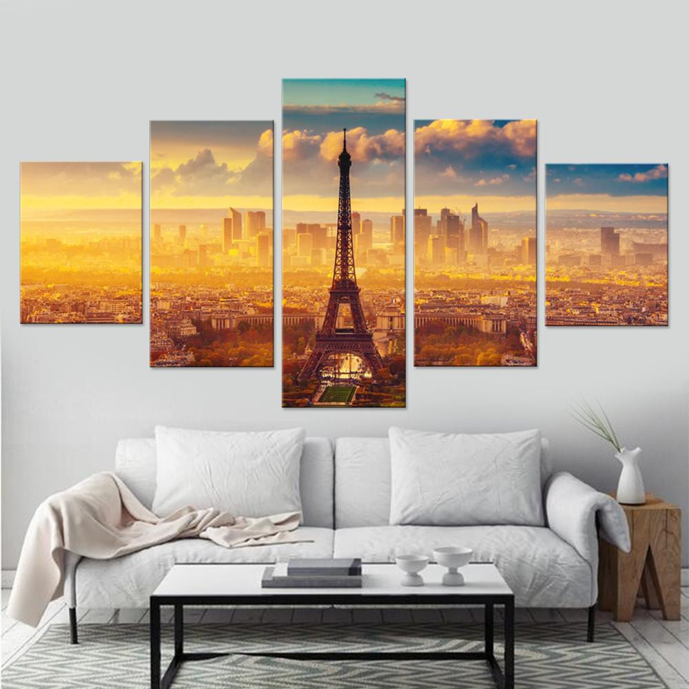Parisian Sunset Eiffel Tower Vintage Graphic Eiffel Tower Multi Canvas Painting Ideas, Multi Piece Panel Canvas Housewarming Gift Ideas Framed Prints, Canvas Paintings Wrapped Canvas 5 Panels Mixed 12