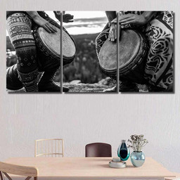 Man Woman Playing Djembe On Top, Drum Music Premium Multi Canvas Prints, Multi Piece Panel Canvas , Luxury Gallery Wall Fine Art Multi Canvas 3PIECE(36 x18)