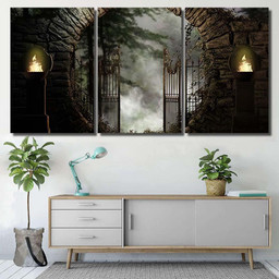 3D Illustration Stone Gated Moon Entrance, Fantasy Premium Multi Canvas Prints, Multi Piece Panel Canvas , Luxury Gallery Wall Fine Art Multi Canvas 3PIECE(54x24)