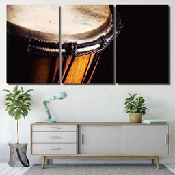 Closeup View Wooden Djembe Accentuated Shapes Drum Music Premium Multi Canvas Prints, Multi Piece Panel Canvas Luxury Gallery Wall Fine Art Print Multi Wrapped Canvas (Ready To Hang) 3PIECE(54x24)