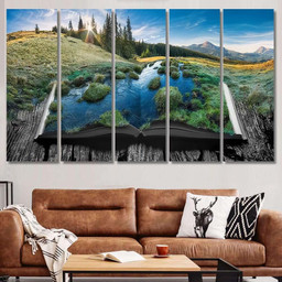 Alpine Mountain Valley Light Sunrise On 1, Fantasy Premium Multi Canvas Prints, Multi Piece Panel Canvas , Luxury Gallery Wall Fine Art Multi Canvas 5PIECE(60x36)