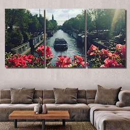 Amsterdam Canals Springtime, Fantastic Premium Multi Canvas Prints, Multi Piece Panel Canvas , Luxury Gallery Wall Fine Art Multi Canvas 3PIECE(54x24)