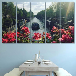 Amsterdam Canals Springtime, Fantastic Premium Multi Canvas Prints, Multi Piece Panel Canvas , Luxury Gallery Wall Fine Art Multi Canvas 5PIECE(60x36)