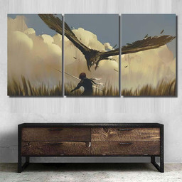 Big Eagle Attack Warrior Above Fieldillustration, Eagle Animals Premium Multi Canvas Prints, Multi Piece Panel Canvas , Luxury Gallery Wall Fine Art Multi Canvas 3PIECE(36 x18)
