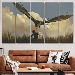 Big Eagle Attack Warrior Above Fieldillustration, Eagle Animals Premium Multi Canvas Prints, Multi Piece Panel Canvas , Luxury Gallery Wall Fine Art Multi Canvas 5PIECE(60x36)