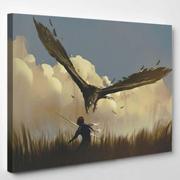 Big Eagle Attack Warrior Above Fieldillustration, Eagle Animals Premium Multi Canvas Prints, Multi Piece Panel Canvas , Luxury Gallery Wall Fine Art Single Canvas 1 PIECE (8x10)