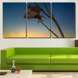 Bald Eagle Flight Sunset Lake Sammamish, Eagle Animals Premium Multi Canvas Prints, Multi Piece Panel Canvas , Luxury Gallery Wall Fine Art Multi Canvas 3PIECE(54x24)