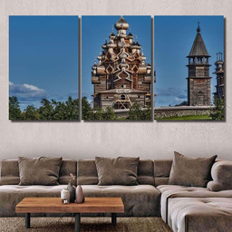 Ancient Wooden Church Central Russia Vintage 1 Christian Premium Multi Canvas Prints, Multi Piece Panel Canvas Luxury Gallery Wall Fine Art Print Multi Wrapped Canvas (Ready To Hang) 3PIECE(54x24)