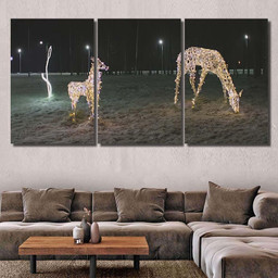 Christmas Illumination Deer Family Evening 1 Deer Animals Premium Multi Canvas Prints, Multi Piece Panel Canvas Luxury Gallery Wall Fine Art Print Multi Wrapped Canvas (Ready To Hang) 3PIECE(54x24)