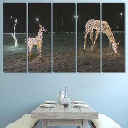 Christmas Illumination Deer Family Evening 1 Deer Animals Premium Multi Canvas Prints, Multi Piece Panel Canvas Luxury Gallery Wall Fine Art Print Multi Wrapped Canvas (Ready To Hang) 5PIECE(60x36)