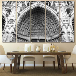 Sculptures Above Entrance Gothic Cathedral Black Christian Premium Multi Canvas Prints, Multi Piece Panel Canvas Luxury Gallery Wall Fine Art Print Multi Wrapped Canvas (Ready To Hang) 5PIECE(60x36)