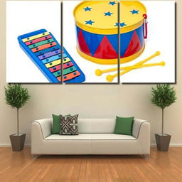 Colorful Toy Metal Drum Xylophone Bright Drum Music Premium Multi Canvas Prints, Multi Piece Panel Canvas Luxury Gallery Wall Fine Art Print Multi Wrapped Canvas (Ready To Hang) 3PIECE(36 x18)