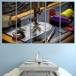 Closeup Old Sewing Machine Accessories Scissors Drum Music Premium Multi Canvas Prints, Multi Piece Panel Canvas Luxury Gallery Wall Fine Art Print Multi Wrapped Canvas (Ready To Hang) 5PIECE(60x36)