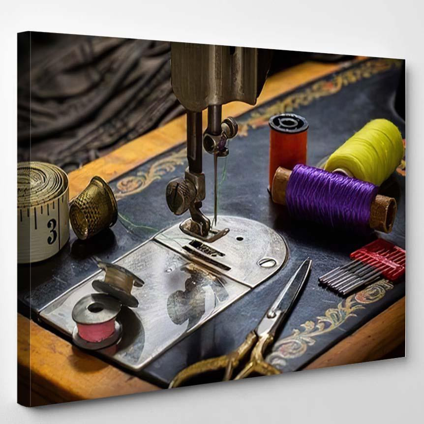 Closeup Old Sewing Machine Accessories Scissors Drum Music Premium Multi Canvas Prints, Multi Piece Panel Canvas Luxury Gallery Wall Fine Art Print Single Wrapped Canvas (Ready To Hang) 1 PIECE(8x10)