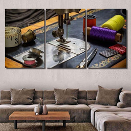 Closeup Old Sewing Machine Accessories Scissors Drum Music Premium Multi Canvas Prints, Multi Piece Panel Canvas Luxury Gallery Wall Fine Art Print Multi Wrapped Canvas (Ready To Hang) 3PIECE(54x24)