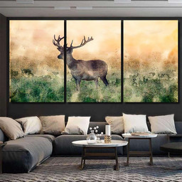 Watercolor Painting Stag Deer Antlers Standing Deer Animals Premium Multi Canvas Prints, Multi Piece Panel Canvas Luxury Gallery Wall Fine Art Print Multi Wrapped Canvas (Ready To Hang) 3PIECE(54x24)