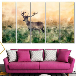 Watercolor Painting Stag Deer Antlers Standing Deer Animals Premium Multi Canvas Prints, Multi Piece Panel Canvas Luxury Gallery Wall Fine Art Print Multi Wrapped Canvas (Ready To Hang) 5PIECE(60x36)