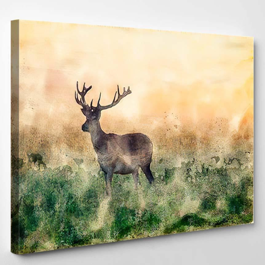Watercolor Painting Stag Deer Antlers Standing Deer Animals Premium Multi Canvas Prints, Multi Piece Panel Canvas Luxury Gallery Wall Fine Art Print Single Wrapped Canvas (Ready To Hang) 1 PIECE(8x10)