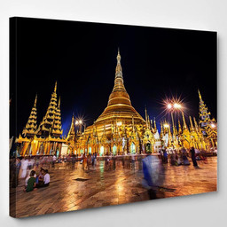 Shwedagon Pagoda Night Yangon Myanmar Burma Buddha Religion Premium Multi Canvas Prints, Multi Piece Panel Canvas Luxury Gallery Wall Fine Art Print Single Wrapped Canvas (Ready To Hang) 1 PIECE(8x10)