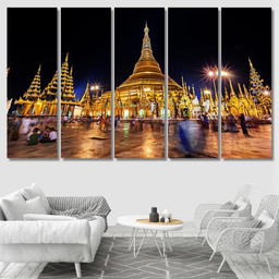 Shwedagon Pagoda Night Yangon Myanmar Burma Buddha Religion Premium Multi Canvas Prints, Multi Piece Panel Canvas Luxury Gallery Wall Fine Art Print Multi Wrapped Canvas (Ready To Hang) 5PIECE(60x36)