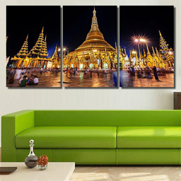 Shwedagon Pagoda Night Yangon Myanmar Burma Buddha Religion Premium Multi Canvas Prints, Multi Piece Panel Canvas Luxury Gallery Wall Fine Art Print Multi Wrapped Canvas (Ready To Hang) 3PIECE(36 x18)