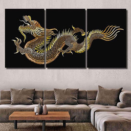 Classical Embroidery Asian Golden Dragons Tshirt Dragon Animals Premium Multi Canvas Prints, Multi Piece Panel Canvas Luxury Gallery Wall Fine Art Print Multi Wrapped Canvas (Ready To Hang) 3PIECE(54x24)