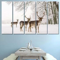 Male Fallow Deer Grate Antlers Standing 1 Deer Animals Premium Multi Canvas Prints, Multi Piece Panel Canvas Luxury Gallery Wall Fine Art Print Multi Wrapped Canvas (Ready To Hang) 5PIECE(60x36)