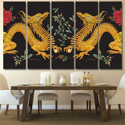 Embroidery Oriental Floral Pattern Golden Dragons Dragon Animals Premium Multi Canvas Prints, Multi Piece Panel Canvas Luxury Gallery Wall Fine Art Print Multi Wrapped Canvas (Ready To Hang) 5PIECE(Mixed 12)