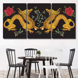 Embroidery Oriental Floral Pattern Golden Dragons Dragon Animals Premium Multi Canvas Prints, Multi Piece Panel Canvas Luxury Gallery Wall Fine Art Print Multi Wrapped Canvas (Ready To Hang) 3PIECE(36 x18)