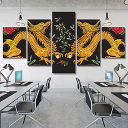 Embroidery Oriental Floral Pattern Golden Dragons Dragon Animals Premium Multi Canvas Prints, Multi Piece Panel Canvas Luxury Gallery Wall Fine Art Print Multi Wrapped Canvas (Ready To Hang) 3PIECE(54x24)