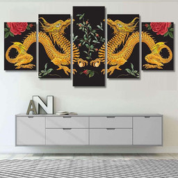 Embroidery Oriental Floral Pattern Golden Dragons Dragon Animals Premium Multi Canvas Prints, Multi Piece Panel Canvas Luxury Gallery Wall Fine Art Print Multi Wrapped Canvas (Ready To Hang) 5PIECE(60x36)