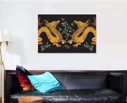 Embroidery Oriental Floral Pattern Golden Dragons Dragon Animals Premium Multi Canvas Prints, Multi Piece Panel Canvas Luxury Gallery Wall Fine Art Print Single Wrapped Canvas (Ready To Hang) 1 PIECE(32x48)
