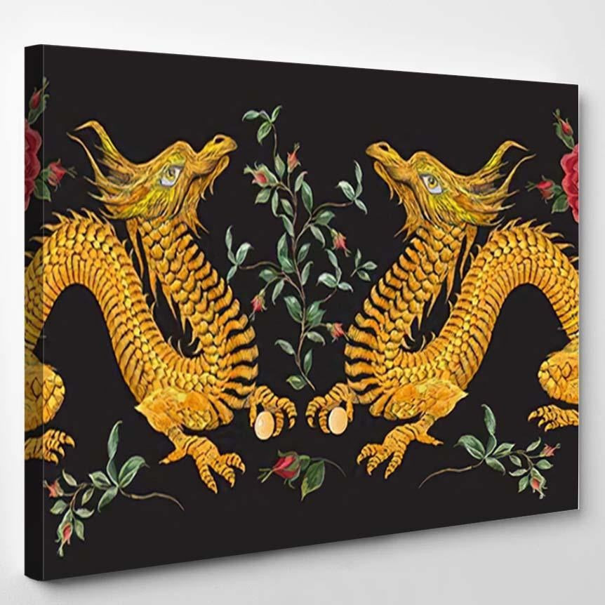 Embroidery Oriental Floral Pattern Golden Dragons Dragon Animals Premium Multi Canvas Prints, Multi Piece Panel Canvas Luxury Gallery Wall Fine Art Print Single Wrapped Canvas (Ready To Hang) 1 PIECE(8x10)