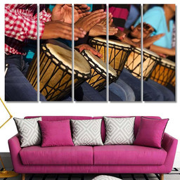 Group People Playing African Drums Djembe Drum Music Premium Multi Canvas Prints, Multi Piece Panel Canvas Luxury Gallery Wall Fine Art Print Multi Wrapped Canvas (Ready To Hang) 5PIECE(60x36)