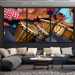Group People Playing African Drums Djembe Drum Music Premium Multi Canvas Prints, Multi Piece Panel Canvas Luxury Gallery Wall Fine Art Print Multi Wrapped Canvas (Ready To Hang) 3PIECE(54x24)