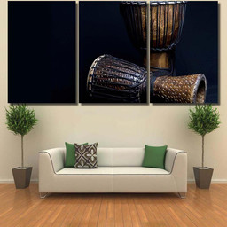 African Djembe Drums On Dark Background Drum Music Premium Multi Canvas Prints, Multi Piece Panel Canvas Luxury Gallery Wall Fine Art Print Multi Wrapped Canvas (Ready To Hang) 3PIECE(54x24)