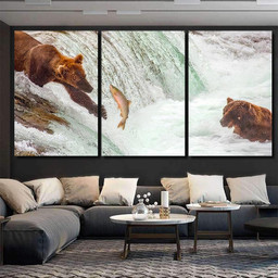 Grizzly Bears Fishing Salmon Brooks Falls 1 Bear Animals Luxury Multi Canvas Prints, Multi Piece Panel Canvas Gallery Art Print Print Multi Canvas 3PIECE(54x24)