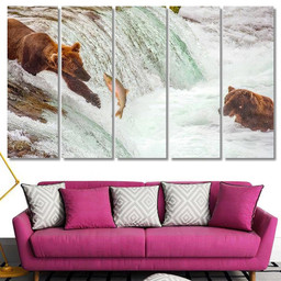 Grizzly Bears Fishing Salmon Brooks Falls 1 Bear Animals Luxury Multi Canvas Prints, Multi Piece Panel Canvas Gallery Art Print Print Multi Canvas 5PIECE(60x36)