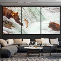 Grizzly Bears Fishing Salmon Brooks Falls 1 Bear Animals Luxury Multi Canvas Prints, Multi Piece Panel Canvas Gallery Art Print Print Multi Canvas 3PIECE(36 x18)