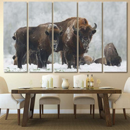 Mammals European Bison Bonasus Winter Time 3 Bison Animals Luxury Multi Canvas Prints, Multi Piece Panel Canvas Gallery Art Print Print Multi Canvas 5PIECE(60x36)