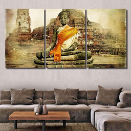 Ancient Cities Thailand Artwork Painting Style Buddha Religion Luxury Multi Canvas Prints, Multi Piece Panel Canvas Gallery Art Print Print Multi Canvas 3PIECE(54x24)