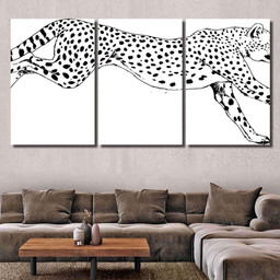 Running Cheetah Drawn Ink By Hand 1 Black Panther Animals Luxury Multi Canvas Prints, Multi Piece Panel Canvas Gallery Art Print Print Multi Canvas 3PIECE(36 x18)