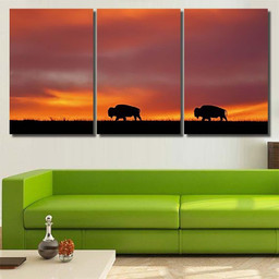 Sunrise Maxwell Wildlife Preserve Kansas Two Bison Animals Luxury Multi Canvas Prints, Multi Piece Panel Canvas Gallery Art Print Print Multi Canvas 3PIECE(54x24)