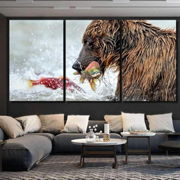 Bear Fishing Salmon Kamchatka Russia Kurile Bear Animals Luxury Multi Canvas Prints, Multi Piece Panel Canvas Gallery Art Print Print Multi Canvas 3PIECE(36 x18)