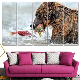 Bear Fishing Salmon Kamchatka Russia Kurile Bear Animals Luxury Multi Canvas Prints, Multi Piece Panel Canvas Gallery Art Print Print Multi Canvas 5PIECE(60x36)