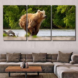 Ursus Arctos Beringianus Catches Salmons Kuril Bear Animals Luxury Multi Canvas Prints, Multi Piece Panel Canvas Gallery Art Print Print Multi Canvas 3PIECE(36 x18)