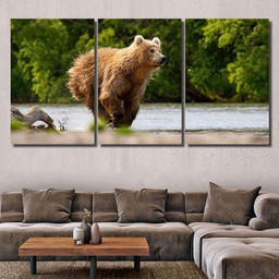 Ursus Arctos Beringianus Catches Salmons Kuril Bear Animals Luxury Multi Canvas Prints, Multi Piece Panel Canvas Gallery Art Print Print Multi Canvas 3PIECE(54x24)